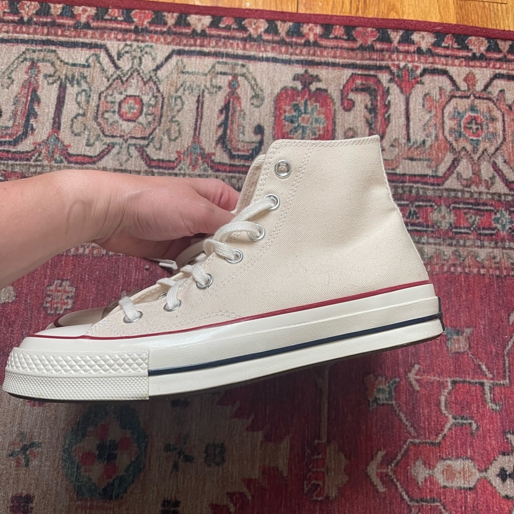 Converse High Top Sneakers in Cream with Red and Blue Accent - Picture 5 of 8